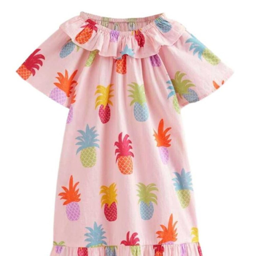 Mini Boden Girls' Printed Pull-On Holiday Dress - Pink Pineapples, Size 6-7